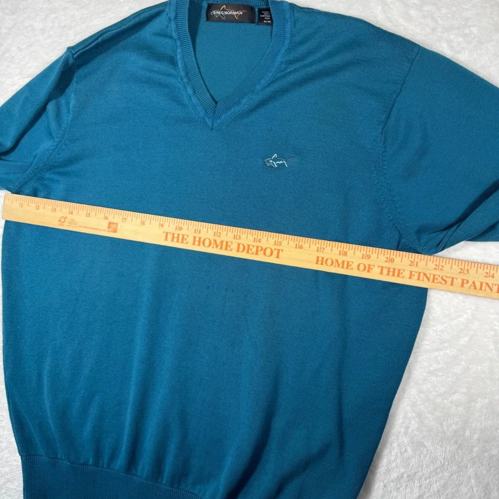 Greg Norman Mens V-Neck Cotton Knit Sweater Teal Blue Shark‎ Logo Size Medium